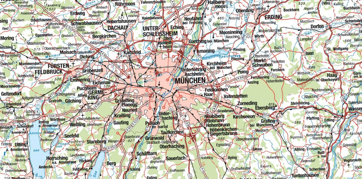 Zemljevid münchnu in okolici mest